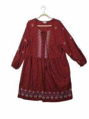 ✨3/$30 Knox Rose 2X Red Embroidered Boho Long Sleeve Dress Fall